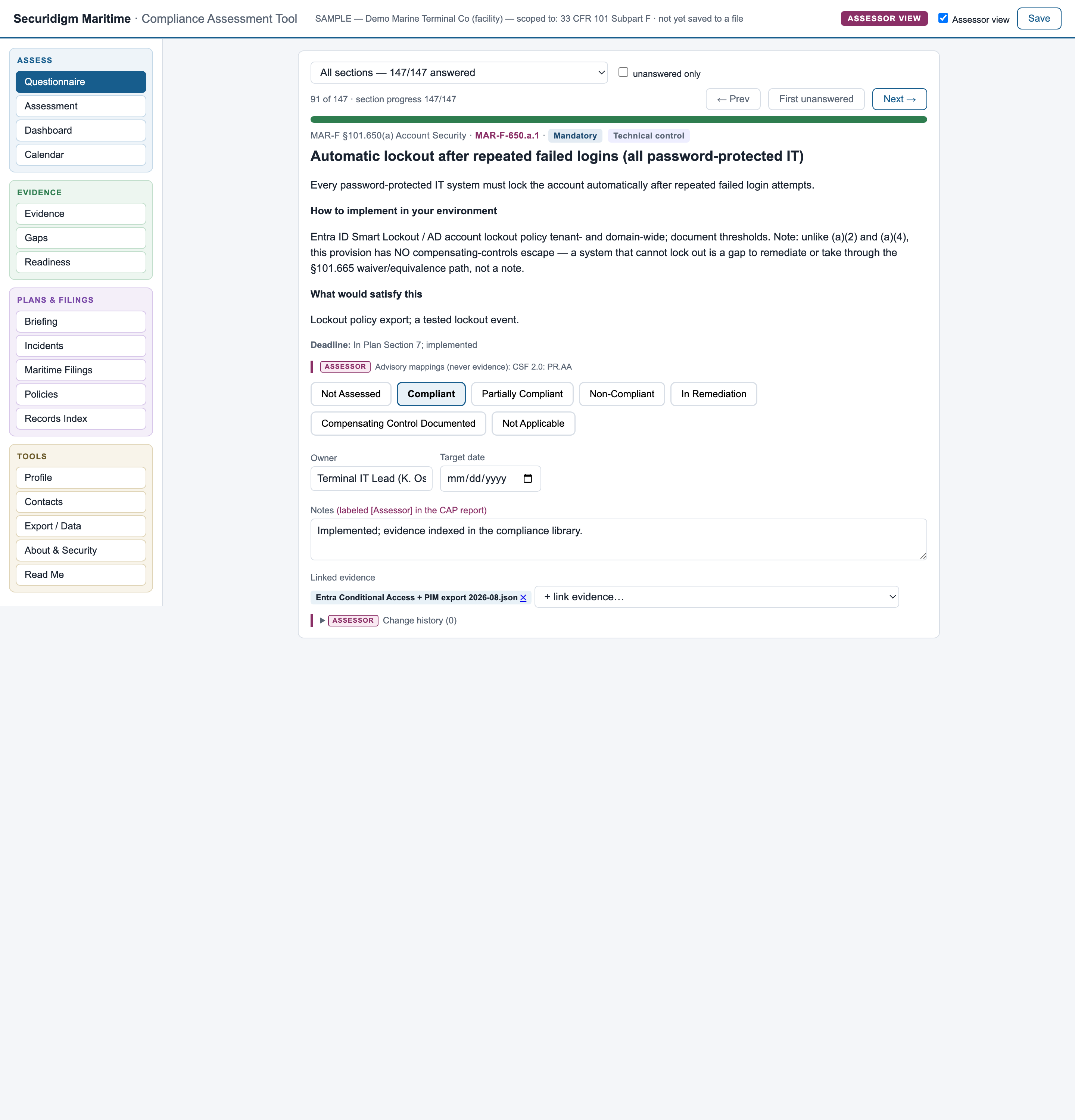 Assessor view with Plan commitment fields