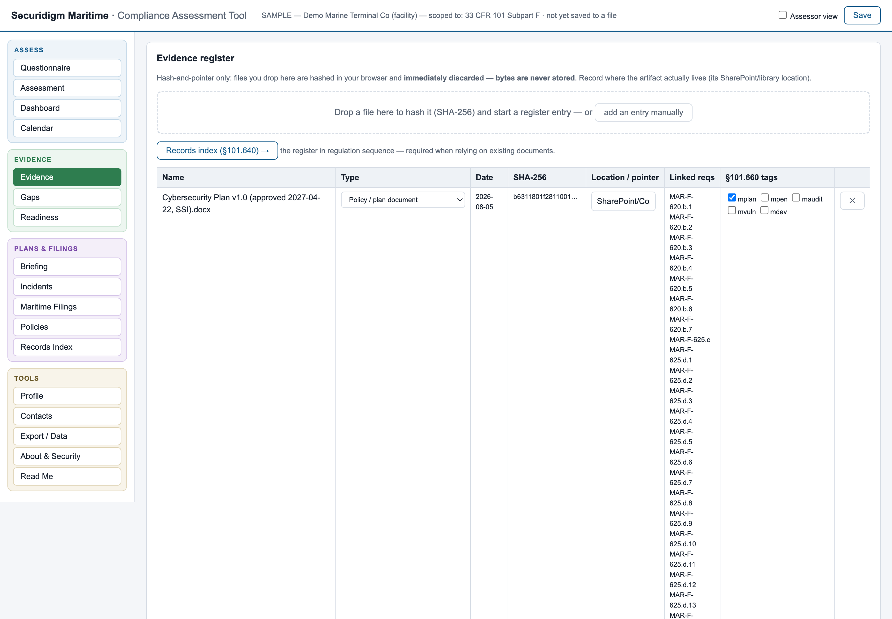 Evidence register with hashes and pointers