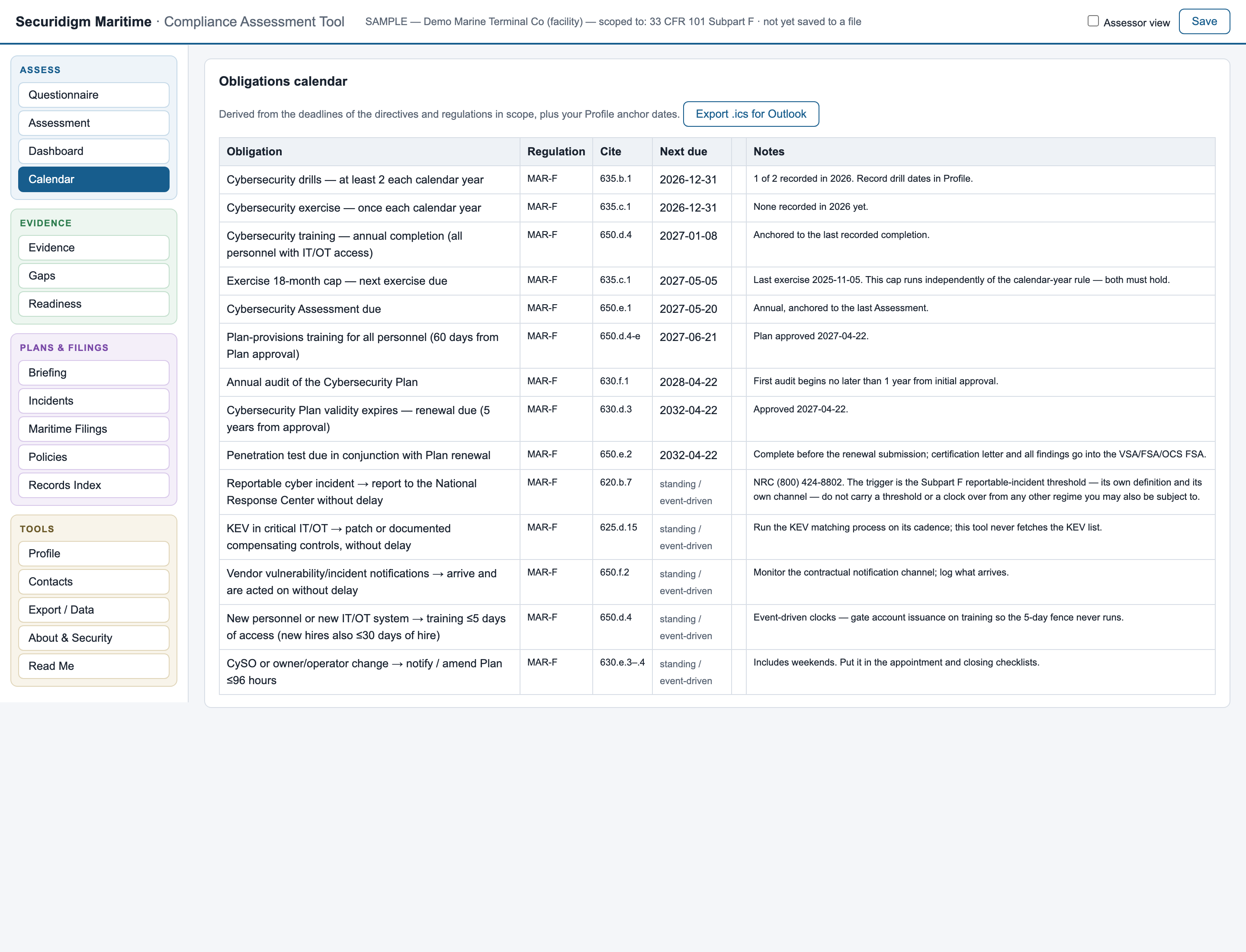 Maritime obligations calendar