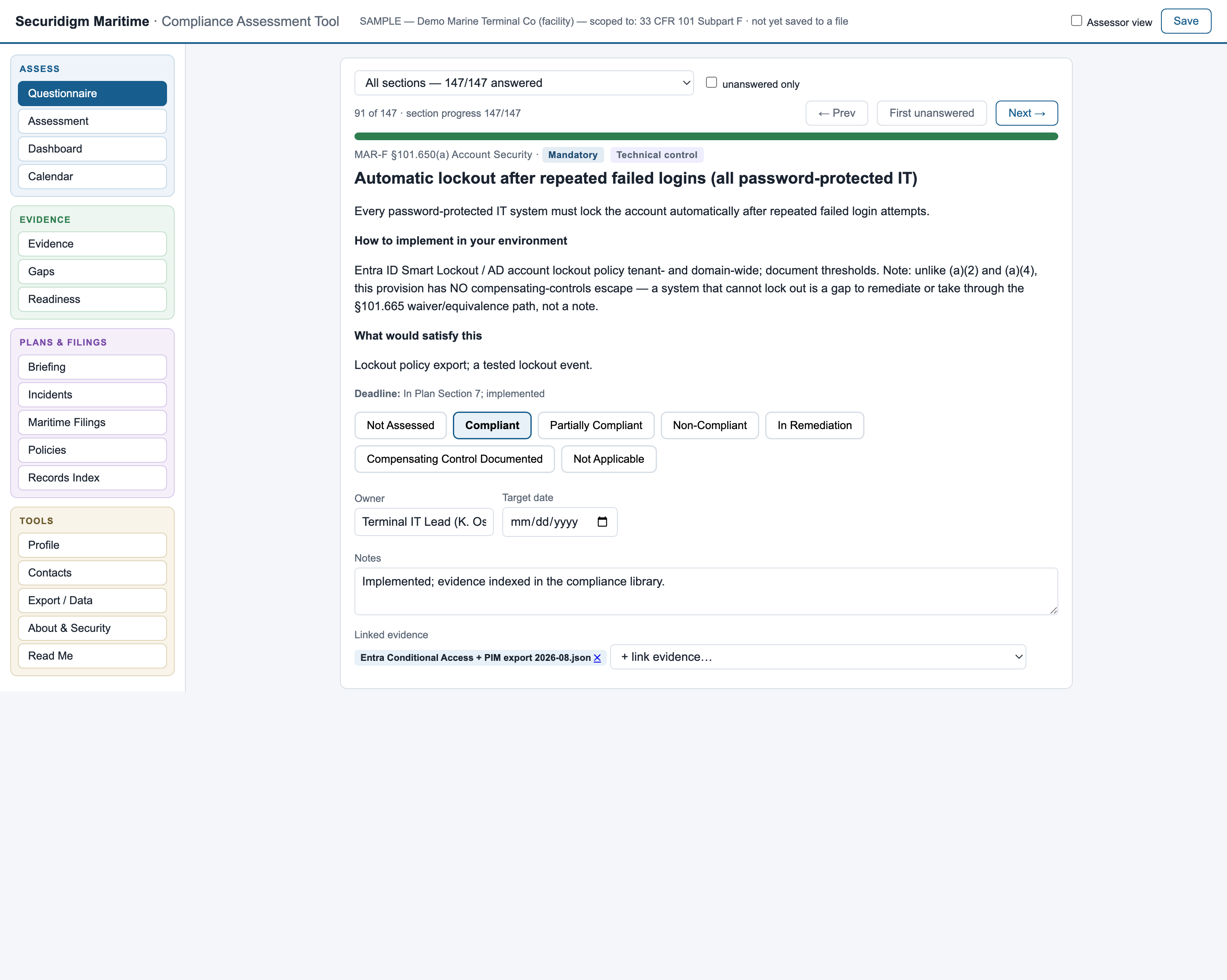 Questionnaire, answered with evidence